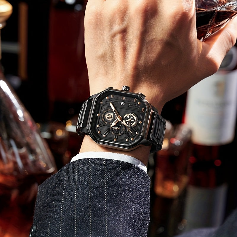 BASID Men's Elegant Square Analog Quartz Watch with Date Display & Stopwatch - Stainless Steel Strap, Black Dial - Casual & Dress Watch for Men, Unique Gift Idea, Versatile Wristwatch, Sleek Watch Design, Polished Finish