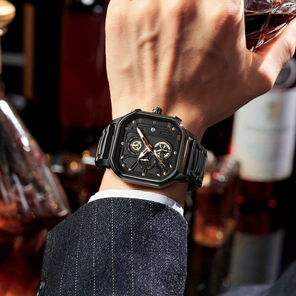 BASID Men's Elegant Square Analog Quartz Watch with Date Display & Stopwatch - Stainless Steel Strap, Black Dial - Casual & Dress Watch for Men, Unique Gift Idea, Versatile Wristwatch, Sleek Watch Design, Polished Finish
