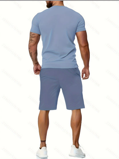 Men'S Casual Summer Two-Piece Athletic Wear Set - Light Blue T-Shirt with Green & White Stripes, Matching Shorts, Perfect for Daily Leisure, Vacation, and Sports, Casual Sportswear | Relaxed Fit Shorts | Stretchable Fabric
