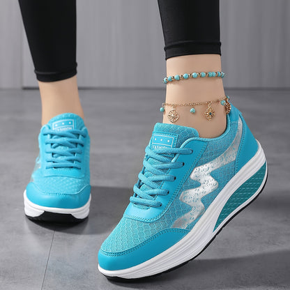 Women's Light Blue Breathable Mesh Sneakers - Air-Cushioned, Thick-Soled Sneakers with Sport Control & Lace-Up Design for All Seasons