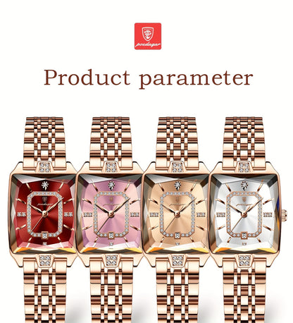POEDAGAR Elegant Women's Quartz Watch - Rose Golden Stainless Steel, (3ATM), Square Dial with Gemstone Accents, Date Display, Luxury Fashion Accessory for Casual or Formal Occasions