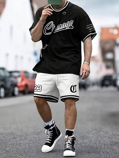 Men's Outfit, Chicago Graphic Print Casual Crew Neck Short Sleeve T-Shirt & Shorts 2-piece Set For Summer Outdoor Activities