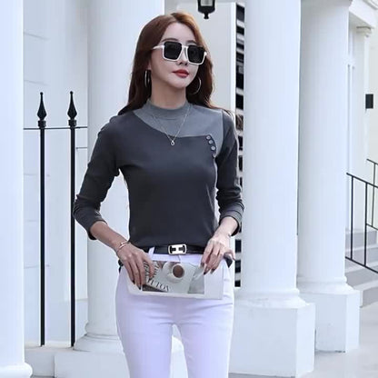 Women's Chic Color Block Casual Top - High Stretch Polyester & Elastane Blend, Button Detail, Machine Washable - Elegant Stand Collar, Long Sleeve, Beige & Brown