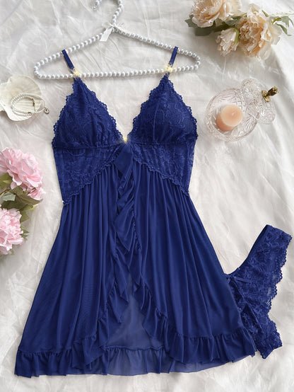 Sexy and Romantic Sleepwear Set, Solid Color Lace Camisole with Matching Panties, V-Neck Design Accentuating Elegant Neckline, Delicate Lace Pattern for Softness. Flared Hem and Ruffled Front Add Graceful Charm, Perfect for a