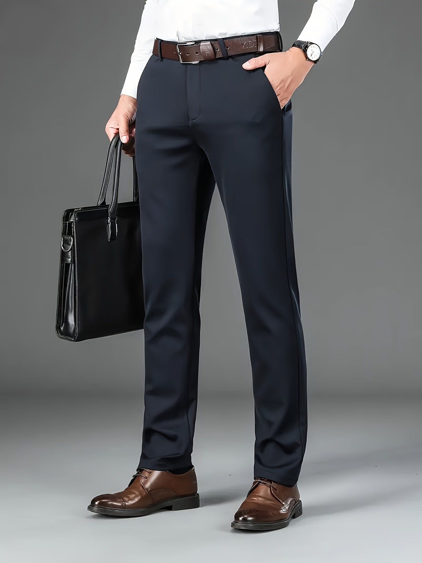 [Durable Build] Men's All-Season Casual Dress Pants - Business Style Stretch Trousers, Comfortable Classic Design, Light Brown Polyester Blend, Machine Washable, Smooth Finish, Regular Fit for Office or Leisure Wear