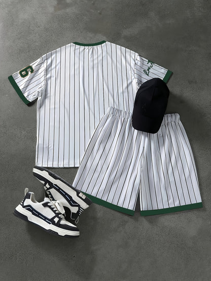 2pcs Set, Men'S Plus Size Los Angeles 66 Print T-Shirt + Shorts - Casual Sportswear, Breathable Stretch Knit Fabric, Crew Neck, Machine Washable, Black and White Diagonal Stripe, Party Clothing | Casual Style | Comfort Fit, L