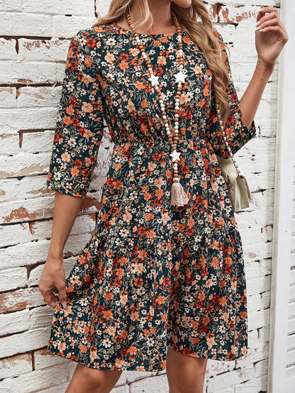 Elegant Floral Print Midi Dress for Women - Crew Neck, 3/4 Sleeve, A-Line with Ruffle Hem, Machine Washable - Perfect for Fall, for Autumn, Spring