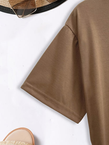 [Glossy Finish] Women's Casual Short Sleeve T-Shirt with Heart Print - Crew Neck, Lightweight Polyester, Brown with Multicolor Hearts Design, Perfect for Spring & Summer