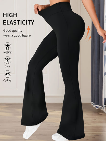 High-Waisted Flared Leggings for Women - Stretchy Black Polyester Pants with Tummy Control, Slimming Fit, and Breathable Design for Spring/Summer/Fall Casual Wear, Spring Summer Leggings | Fitted Leggings | Elastic Waistband