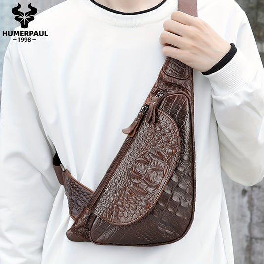 HUMERPAUL Men'S Casual Brown Leather Crossbody Bag with Alligator Print - Adjustable Strap, Multi-Compartment, Everyday Commute Shoulder Bag, Everyday Bag | Casual Style Bag | Adjustable Strap Bag