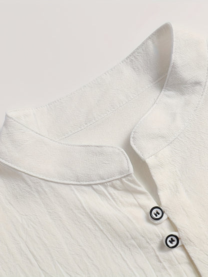 Classic Design Men's Solid Color Stand Collar Long Sleeve Button Up Top Shirt, Pure Cotton Spring And Autumn Fashion Cotton Tops For Daily And Casual Outerwear