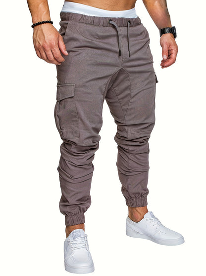 Men'S Casual Cargo Pants, 95% Cotton 5% Spandex, Skinny Fit, Solid Color, Long Length, Woven Fabric, Non-Stretch, with Pockets, 215g/m² Weight