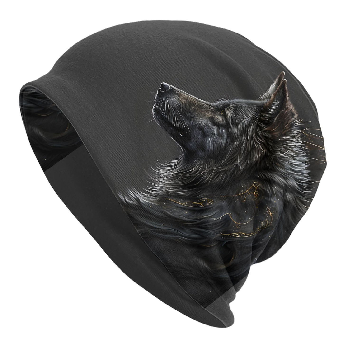 Night Moon Wolf Realistic Wolf Head Design Skull Cap Beanie Hat - Black Unisex Hip Hop Fashionable Winter Hat for Men & Women, Cold Weather Accessory, Stylish Headwear, Highquality Print