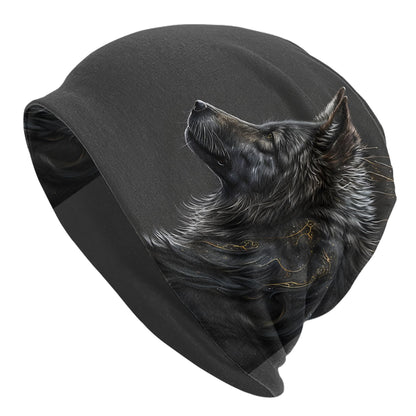 Night Moon Wolf Realistic Wolf Head Design Skull Cap Beanie Hat - Black Unisex Hip Hop Fashionable Winter Hat for Men & Women, Cold Weather Accessory, Stylish Headwear, Highquality Print
