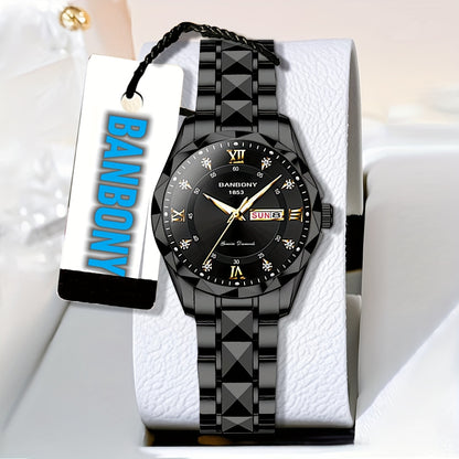 A BANBONY Fashion Brand Women'S Quartz Watch with a Stainless Steel Strap, Adorned with Rhinestones, IPX7 Waterproof, Luminous Display for The Week, Multifunctional Fully Automatic Casual Watch, Perfect Gift for Birthdays, Ho