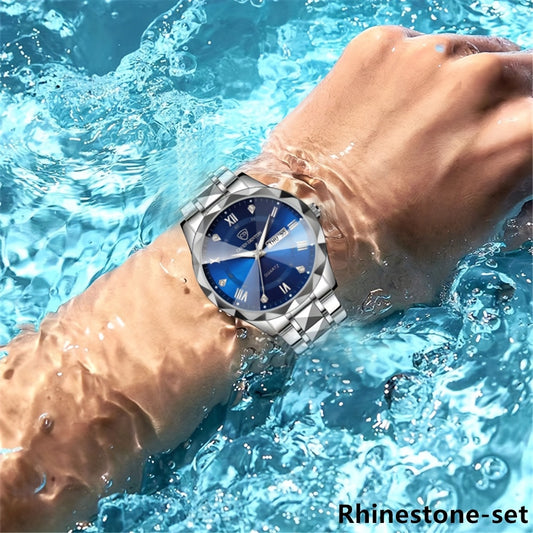 Fashionable Men'S Quartz Watch with a Diamond-shaped Dial, IPX7 Waterproof, Dual Calendar, Luminous Steel Strap, Business Watch