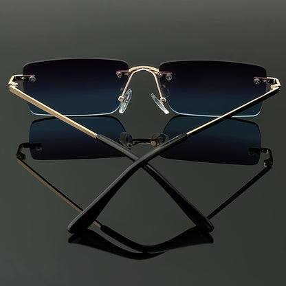 1 Pair of Men'S Metal Rectangular Rimless Glasses - Stylish Black Stainless Steel Frame with Blue-Tinted Lenses for Casual Streetwear, Parties & Gathering