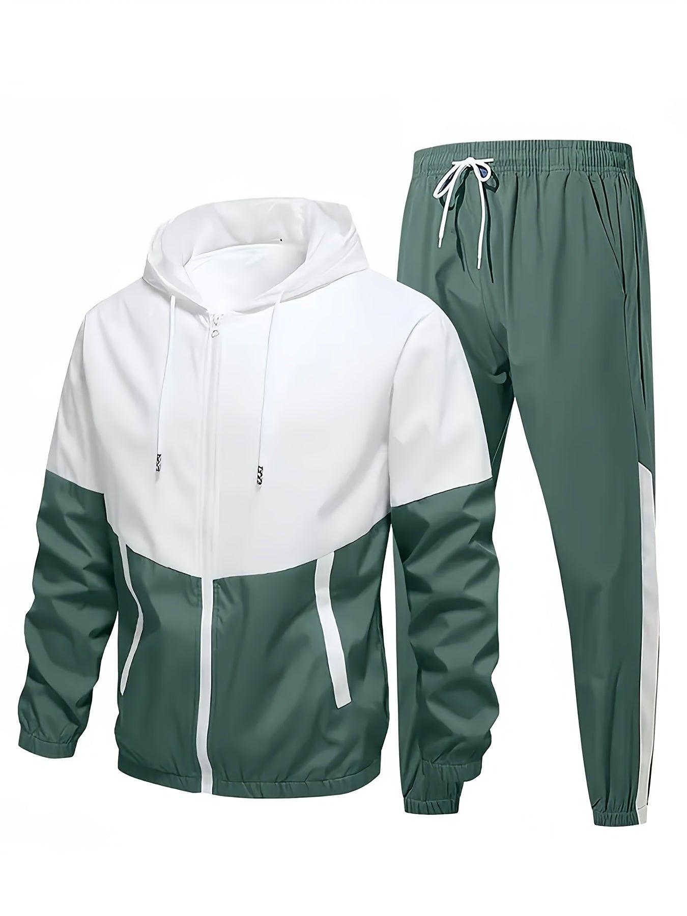 2pcs Men's Hooded Tracksuit - Lightweight Polyester Active Wear Set For Spring/Autumn With Pockets, Long Sleeve Jacket And Jogger Pants