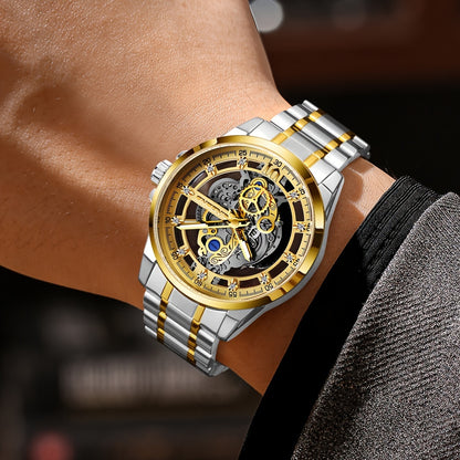 BINBOND Men's Sleek Golden-Tone Quartz Watch - Transparent Dual-Sided Hollow Design, Waterproof with Luminous Hands, Stainless Steel Band, Ideal Gift