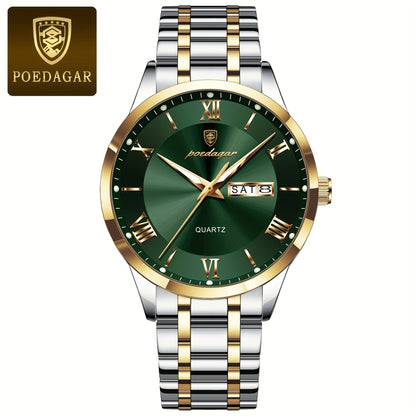 POEDAGAR Men'S Quartz Watch, Sports Style, Waterproof 3ATM, Luminous Calendar, Stainless Steel Strap, Pointer Display, Alloy Case, Electronic Drive, Non-Rechargeable Button Battery, with Spring Festival and Football Holiday T