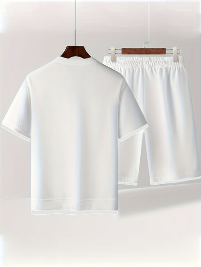 Waffle short-sleeved T-shirt Men's casual sports suit summer loose fake two-piece half-sleeve T-shirt set