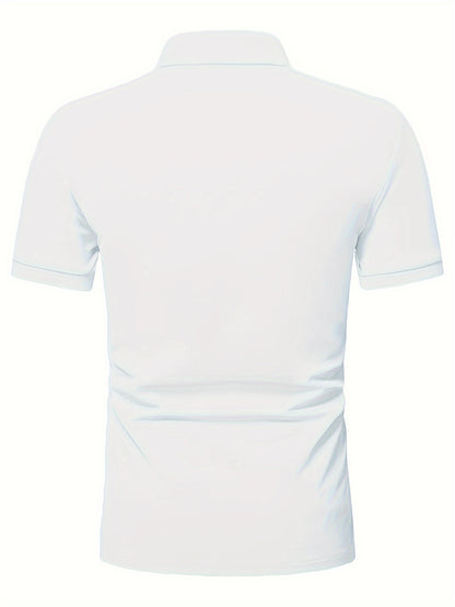 Casual Stretch Men's Solid Color Zipper Lapel Golf Shirt, Male Summer Streetwear
