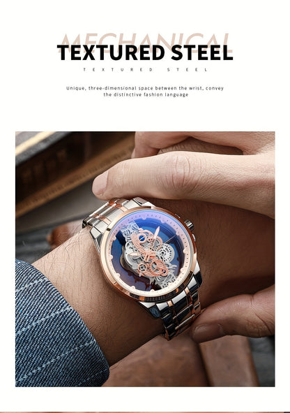 TPW Men's Rose Golden Skeleton Luminous Quartz Watch - Glamorous Luxury Wristwatch with Exposed Movement, Comfortable Metal Band, Father's Day Gift for Him, Luxury Men's Watch | Romantic Watch Design | Rose Golden Finish