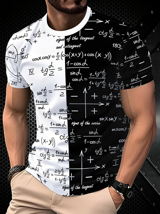 3D Fashionable Short Sleeve T-Shirt for Men - White with Black and Golden Mathematical Formulas Print, Crew Neck, Regular Fit, All-Season Comfort
