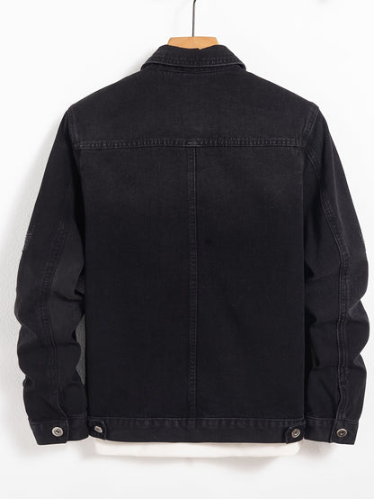 Men's Classic Denim Jacket - Casual, Non-Stretch Cotton Blend, Machine Washable with Lapel Collar
