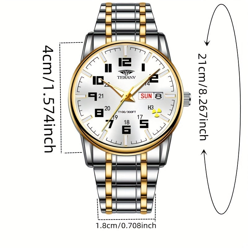 1pc New Stainless Steel with Digital Men's Watch Calendar Week Display Fashion Trend Life Travel Luminous Casual Sport Business Watch Ideal for Birthday Gifts Holiday Gifts Gifts