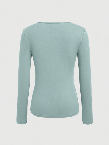 1pc Essence Women'S Elegant Ribbed Long Sleeve T-Shirt, Polyester and Spandex Blend, Hollow-Out Detail, Solid Color, Crew Neck, Regular Length, Knitted Fabric - Autumn/Winter Collection