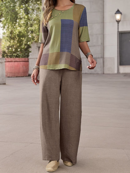 Elegant Patchwork Women'S Fashion Suit - Short Sleeve, Crew Neck, Polyester, Spring/Summer Collection, Casual Attire|Modern Casualwear|Polyester Fabric