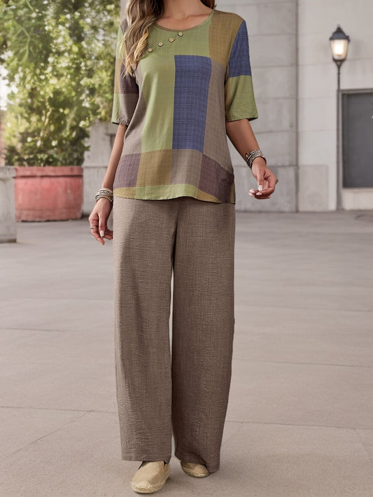 Elegant Patchwork Women'S Fashion Suit - Short Sleeve, Crew Neck, Polyester, Spring/Summer Collection, Casual Attire|Modern Casualwear|Polyester Fabric