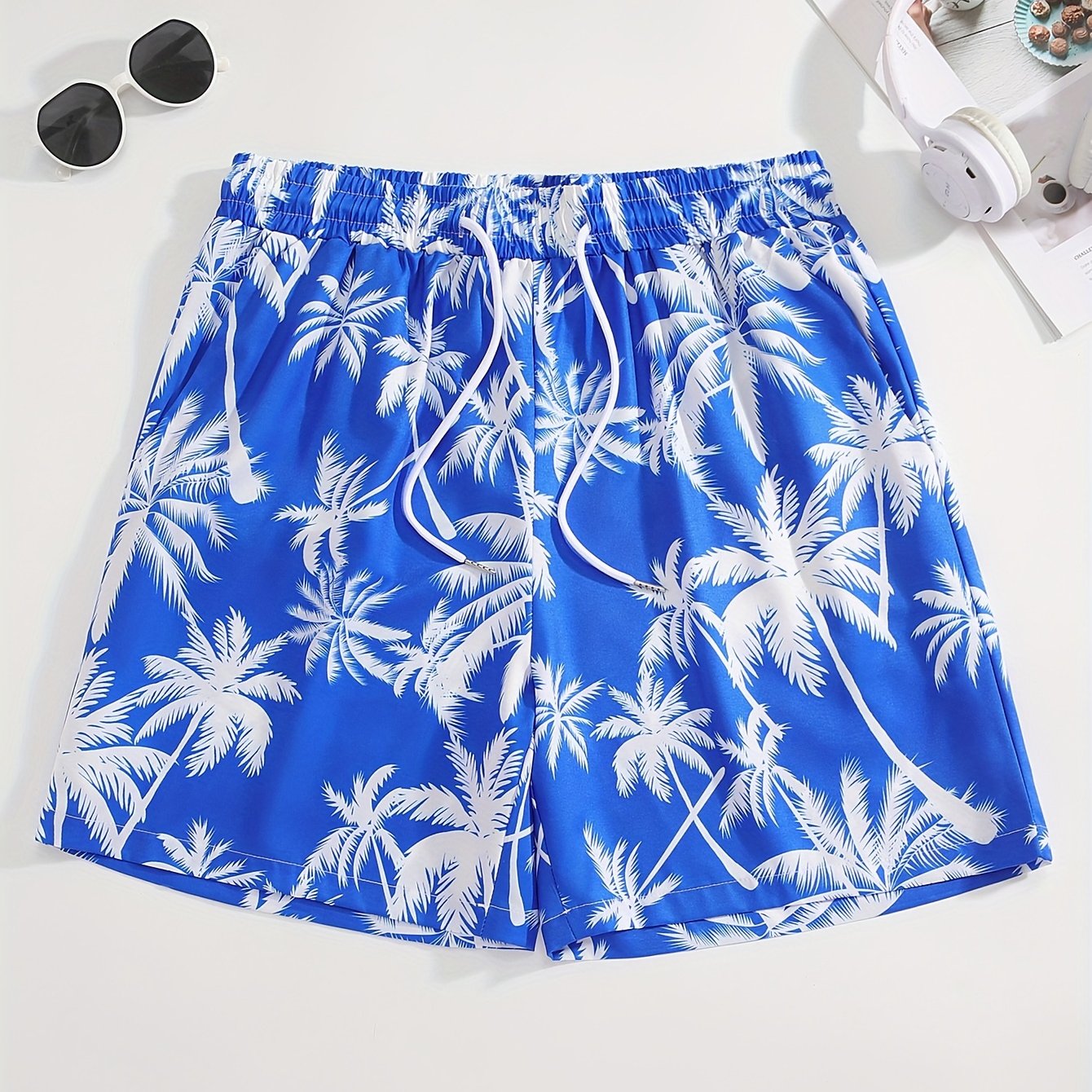 Men's Tropical Coconut Tree Print Drawstring Shorts - Casual, Loose-Fit Beachwear with Pockets