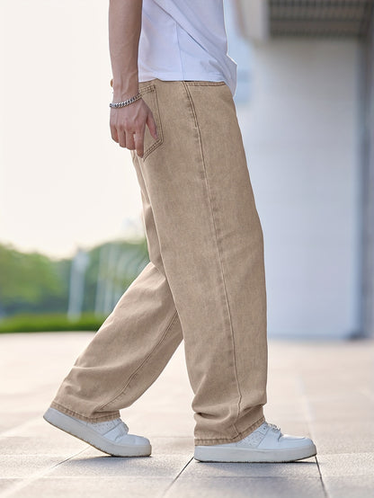 Men'S Casual Straight Leg Jeans, Loose Fit Denim Pants, 87% Cotton 7% Polyester 6% Viscose, All-Season Solid Color Washed Fabric, 290gsm Heavyweight - Gengyuanxuan #TB9005