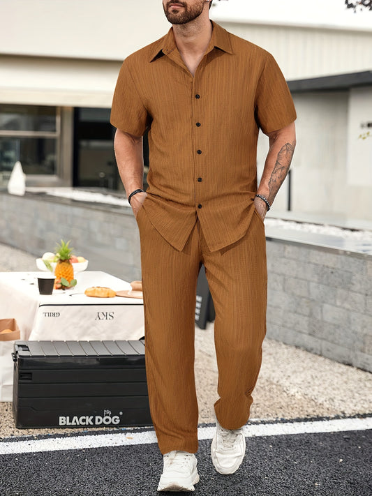 Men's Casual 2-Piece Outfit, Summer Solid Color Shirt & Pants Set, Comfy Button Up Shirt, Breathable Drawstring Pants