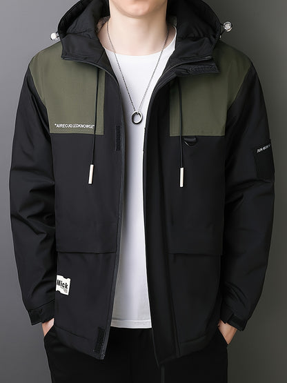 Men's Casual Hooded Windbreaker Jacket - Spring/Autumn Color Block Zip-Up Coat For Autumn Winter Outdoors