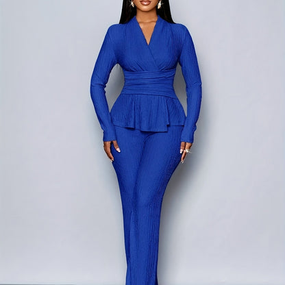 Elegant Women'S V-Neck Long Sleeve Top and Wide Leg Pants Two-Piece Set, Asymmetrical Hem Two-Piece Outfit for Casual Daily Wear, Winter Women'S Clothing