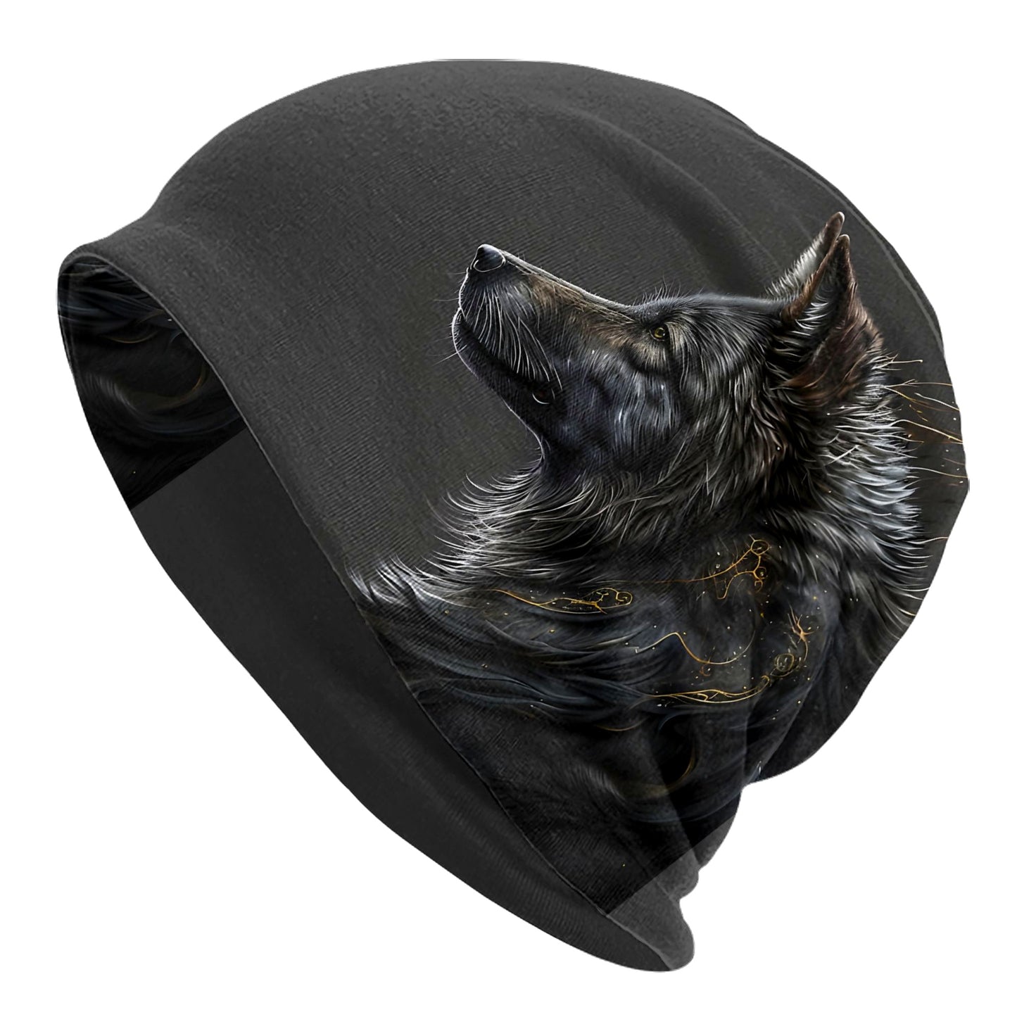 Night Moon Wolf Realistic Wolf Head Design Skull Cap Beanie Hat - Black Unisex Hip Hop Fashionable Winter Hat for Men & Women, Cold Weather Accessory, Stylish Headwear, Highquality Print