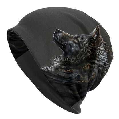 Night Moon Wolf Realistic Wolf Head Design Skull Cap Beanie Hat - Black Unisex Hip Hop Fashionable Winter Hat for Men & Women, Cold Weather Accessory, Stylish Headwear, Highquality Print