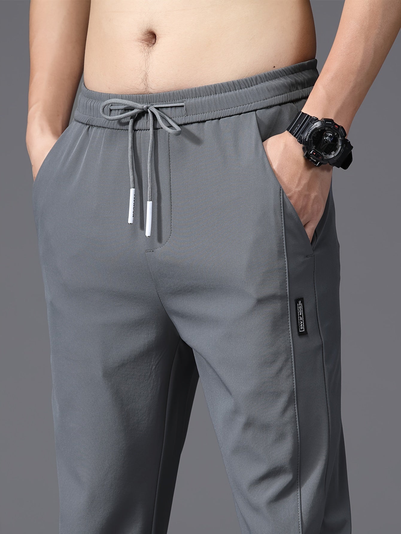 Men's Summer Casual Pants - Lightweight Stretch Nylon, Elastic Drawstring Waist, Straight Fit, Solid Black Trousers for Casual Attire, Adjustable Comfort Pants|Relaxed Look|Glossy Finish