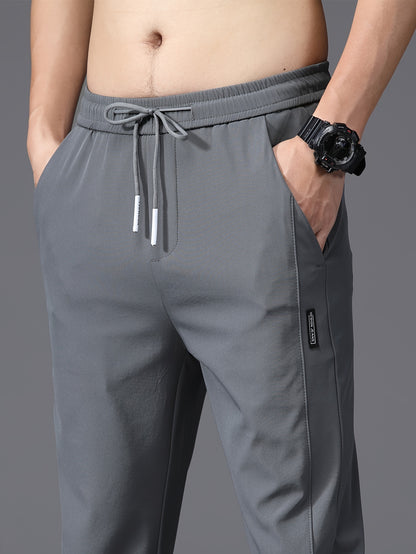 Men's Summer Casual Pants - Lightweight Stretch Nylon, Elastic Drawstring Waist, Straight Fit, Solid Black Trousers for Casual Attire, Adjustable Comfort Pants|Relaxed Look|Glossy Finish