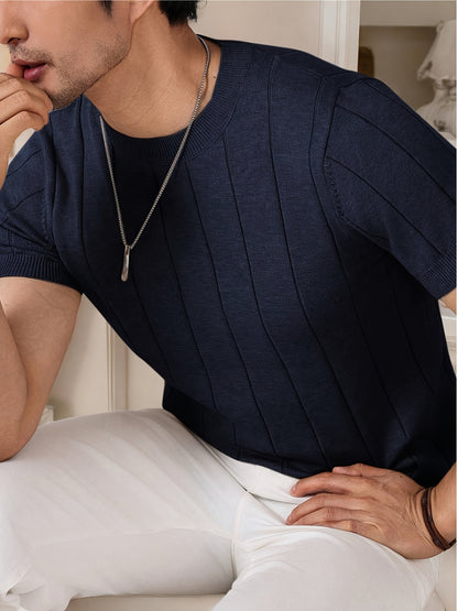 Men's Slim Fit Striped Textured Knit Crew Neck T-Shirt - High Elasticity Short Sleeve Casual Top for Spring/Autumn, Breathable Daily Leisurewear, Spring Fashion, Classic Style, Durable Construction, Pullover Shirt, Stylish Me