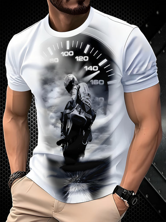 Men'S Motorcycle Graphic T-Shirt - Casual Crew Neck Short Sleeve Tee with Throttle Gauge Design, Breathable Summer Sportswear for Adults, Motorcycle Enthusiast Gear | Stylish Motorcycle Print | Comfortable Fit