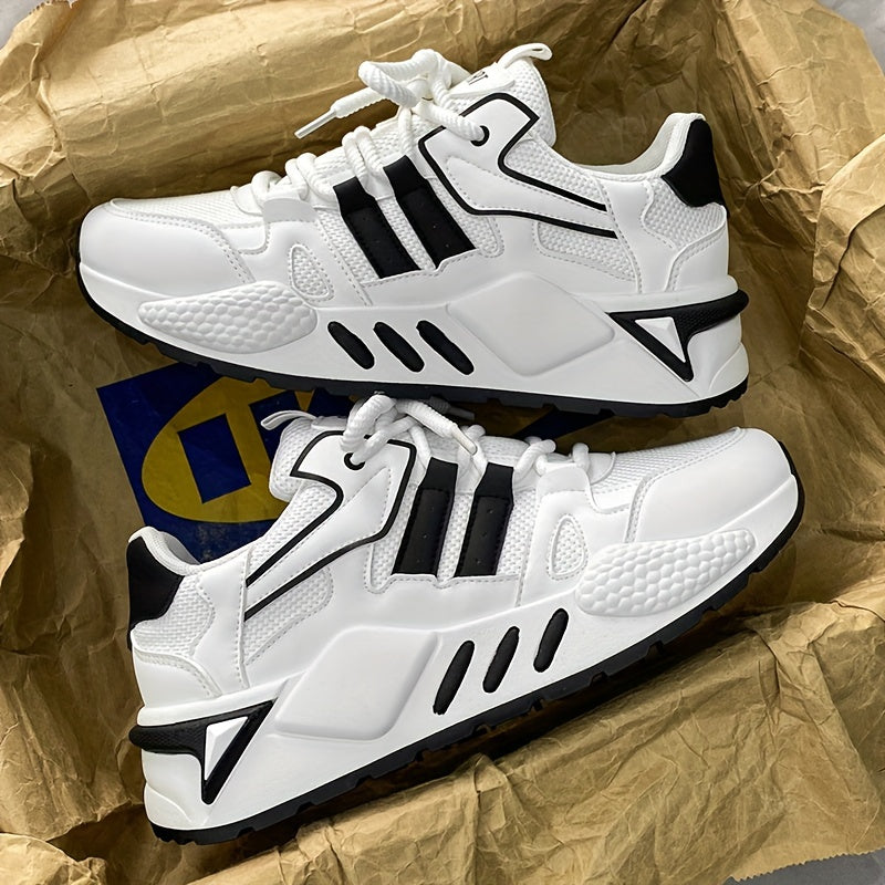 Men's Low-Top Skate Sneakers - White/Black Accent Lace-Up Shoes, Cushioned EVA Insole & Non-Slip Rubber Outsole for All-Season Urban Streetwear, Gym, Everyday - Breathable PU Upper Casual Shoes, Gym Footwear, Street Style, Du