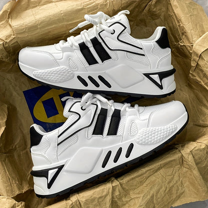 Men's Low-Top Skate Sneakers - White/Black Accent Lace-Up Shoes, Cushioned EVA Insole & Non-Slip Rubber Outsole for All-Season Urban Streetwear, Gym, Everyday - Breathable PU Upper Casual Shoes, Gym Footwear, Street Style, Du
