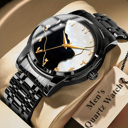 Men's Casual Arabic Numerals Quartz Watch - Scratch-Resistant HD Dial, IPX7 Waterproof, Stainless Steel Strap, Black & Golden Accents - Perfect Gift for Birthdays, Holidays & Family Reunions, Reliable Timepiece, Contemporary