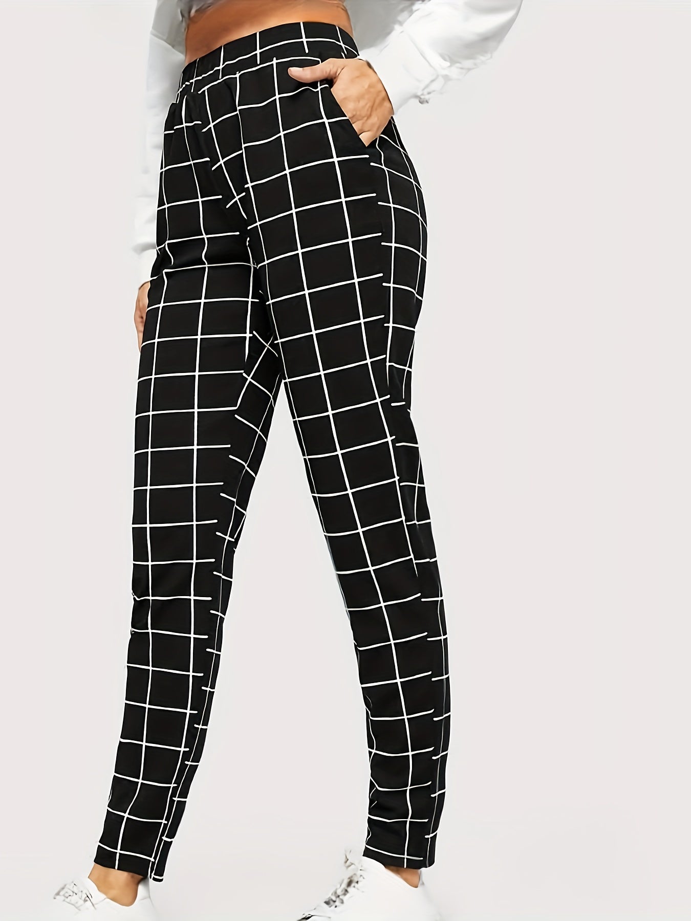 Plaid Print High Waist Pants Elegant Straight Leg Slants Pockets Pants, Women's Clothing
