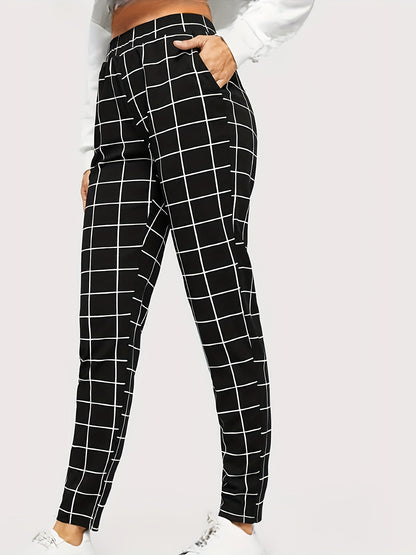 Plaid Print High Waist Pants Elegant Straight Leg Slants Pockets Pants, Women's Clothing