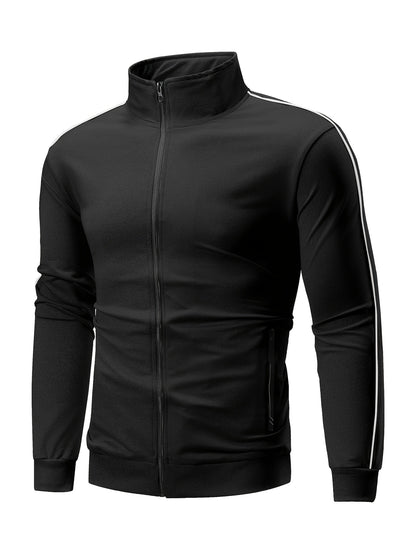 Men's Casual Sportswear Set: Spring/Autumn Stand Collar Jacket, Drawstring Elastic Waist Pants Two-Piece Set with Fashion Print, Men's Top and Bottom Outfit for Running Loungewear, Zipper Pocket Design